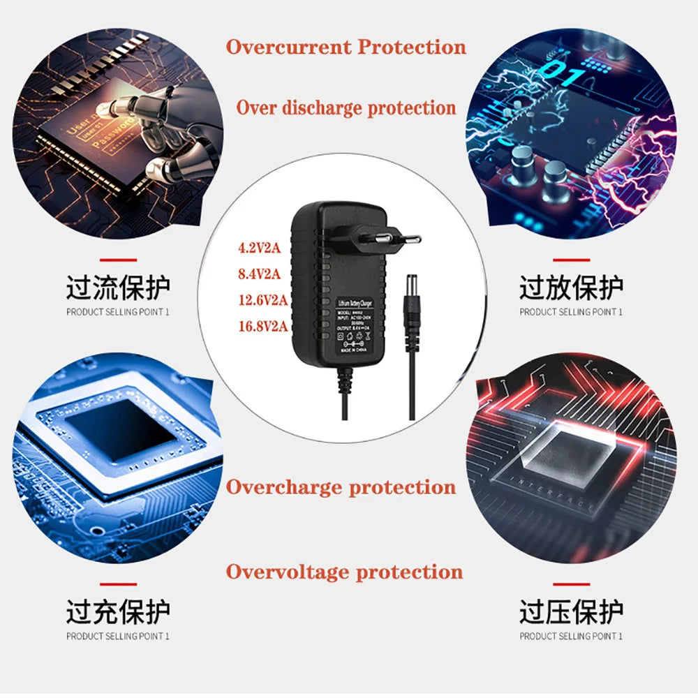 4.2V 8.4V 12.6V 16.8V 2000mA Charge DC Power Adapter AC 100-240V Supply Lithium Battery Charger Transformer for 18650 Battery Qme