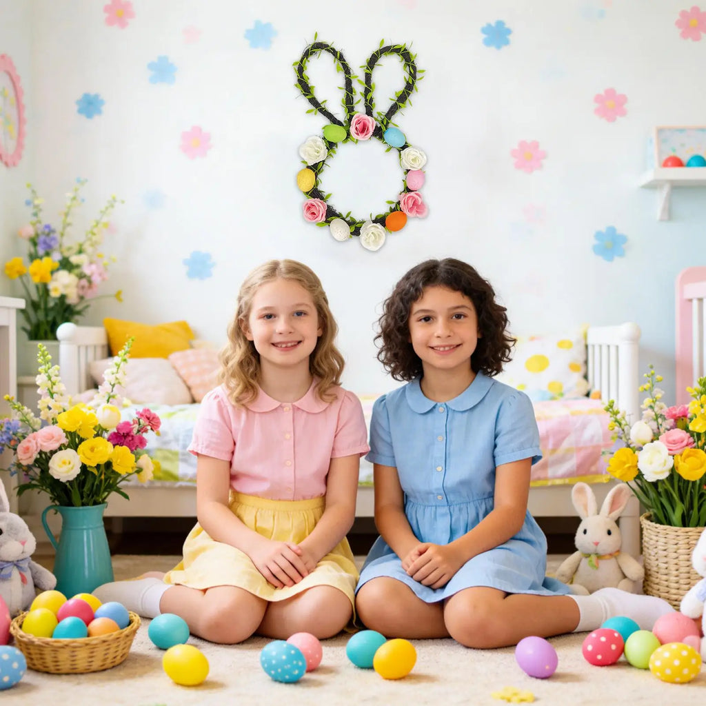 Easter Wreath Artificial Spring Decor Patio Bunny Ear Egg Flower Qme