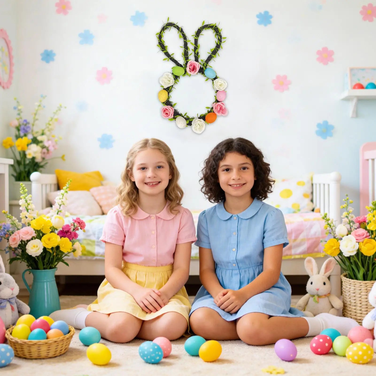 Easter Wreath Artificial Spring Decor Patio Bunny Ear Egg Flower Qme
