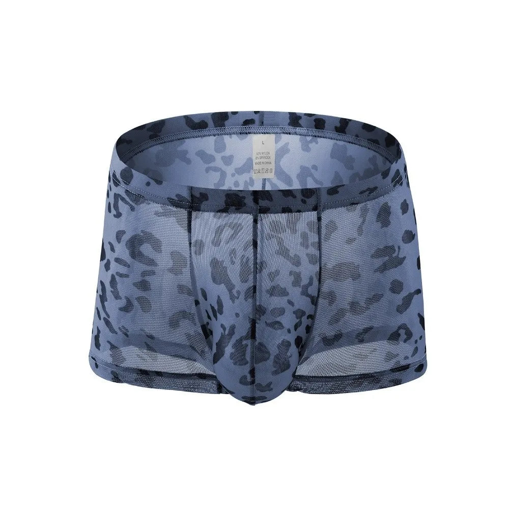 Breathable Leopard Print Men's Boxer Briefs Thin Flat Pants Mesh Qme Blue L