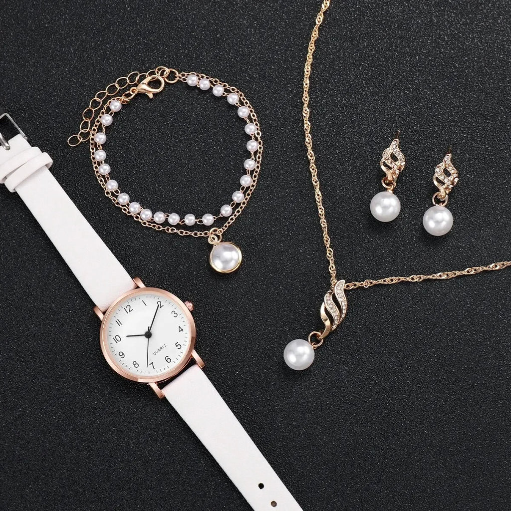 Women Rose Gold Pearl Jewelry Watch Set White Leather Quartz Wrist Watch Necklace Earrings Bracelet Ladies Elegant Gift Qme