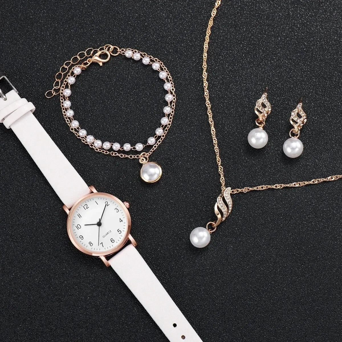 Women Rose Gold Pearl Jewelry Watch Set White Leather Quartz Wrist Watch Necklace Earrings Bracelet Ladies Elegant Gift Qme