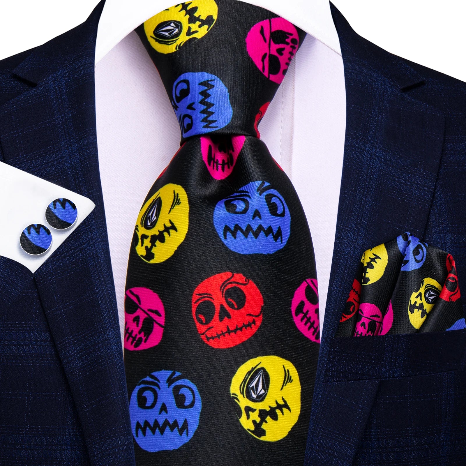 Hi-Tie Halloween Ties for Men Funny Necktie Thanksgiving Tie Handkerchief Cufflinks Gift for Men Gravats Novelty Designer Qme HT-N-0023