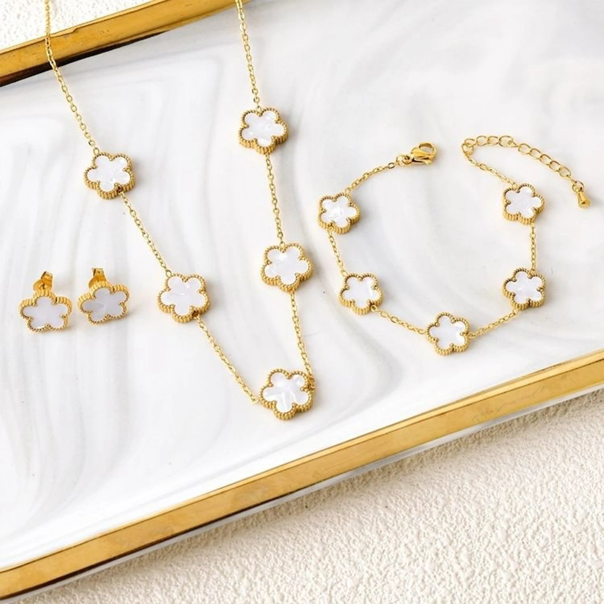 Clover Five Leaf Flower Stainless Steel Bracelet Necklace Earrings Jewelry Set Luxury for Women High Quality Party Jewelry Gift Qme 1