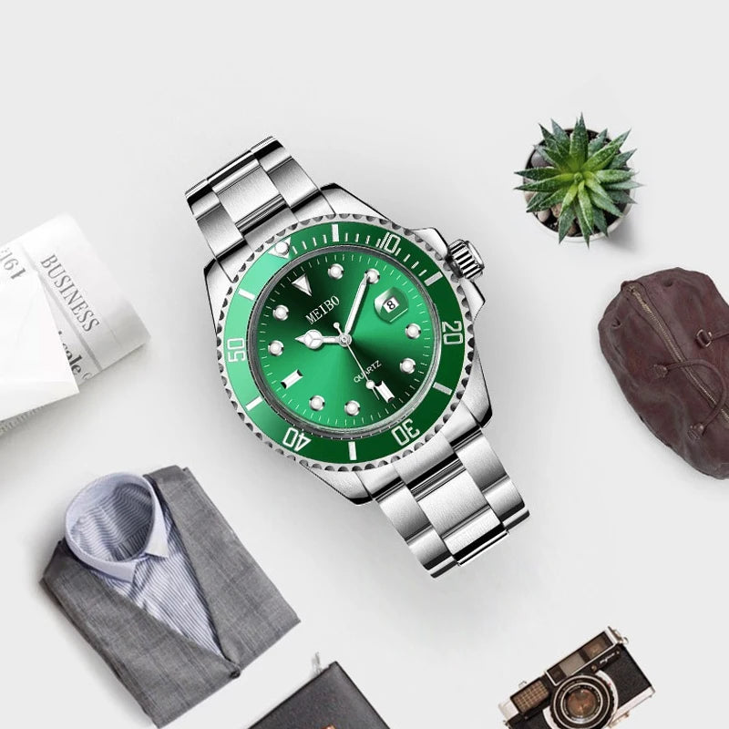 Trendy Fashion Magnifier Calendar Men's Watch Steel Belt Watch Green Ghost Men's Watch Qme