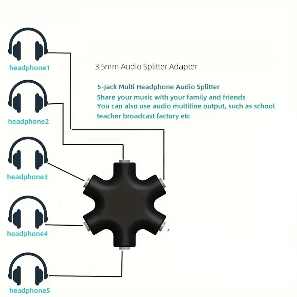 3.5mm Earphone Audio Splitter 1 Male To 1 2 3 4 5 Female Cable 5 Way Port Aux Music Sound Output Cables Stereo Headset Extension Qme