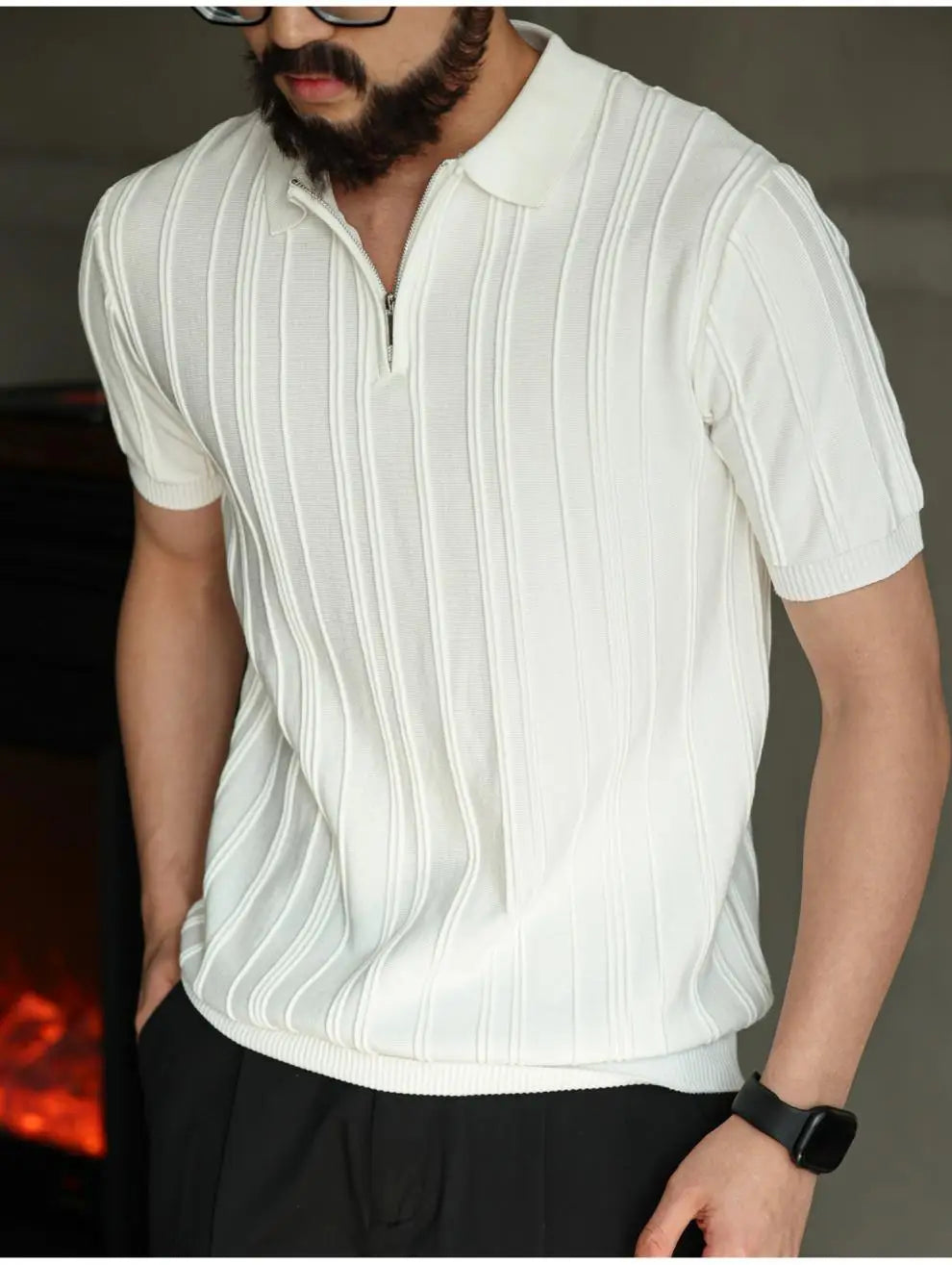 High-quality Zipper Knit Thin Ice Silk Short-sleeve Polo Shirt Qme Beige M