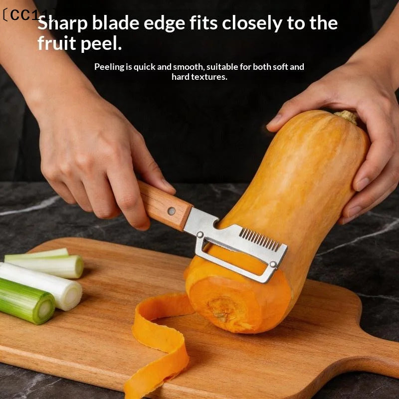 Stainless Steel Vegetable Peeler Wooden Plastic Handle 3-in-1 Fruit Qme