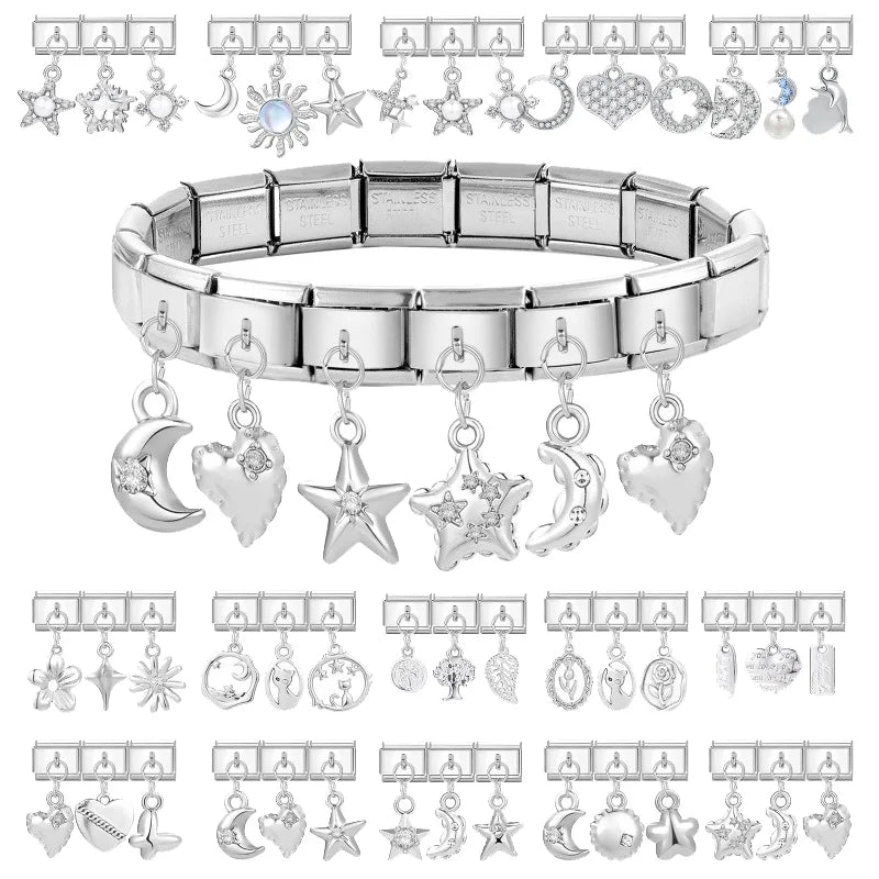 Wholesale Shiny Blue Sun Zircon Stars Moon Sereis Pendant Italian Charm Links Fit 9mm Stainless Steel Bracelet Women DIY Making Qme
