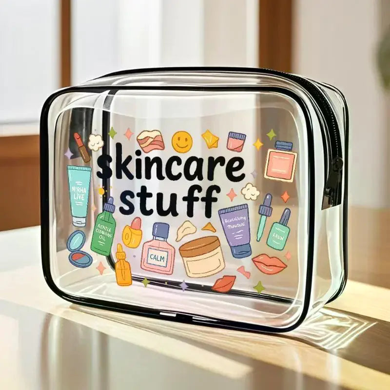 Transparent Single-Sided Print Cosmetic Bag Portable Travel Toiletry Bag Thickened Makeup Bags Organizer PVC Storage Pouch Qme