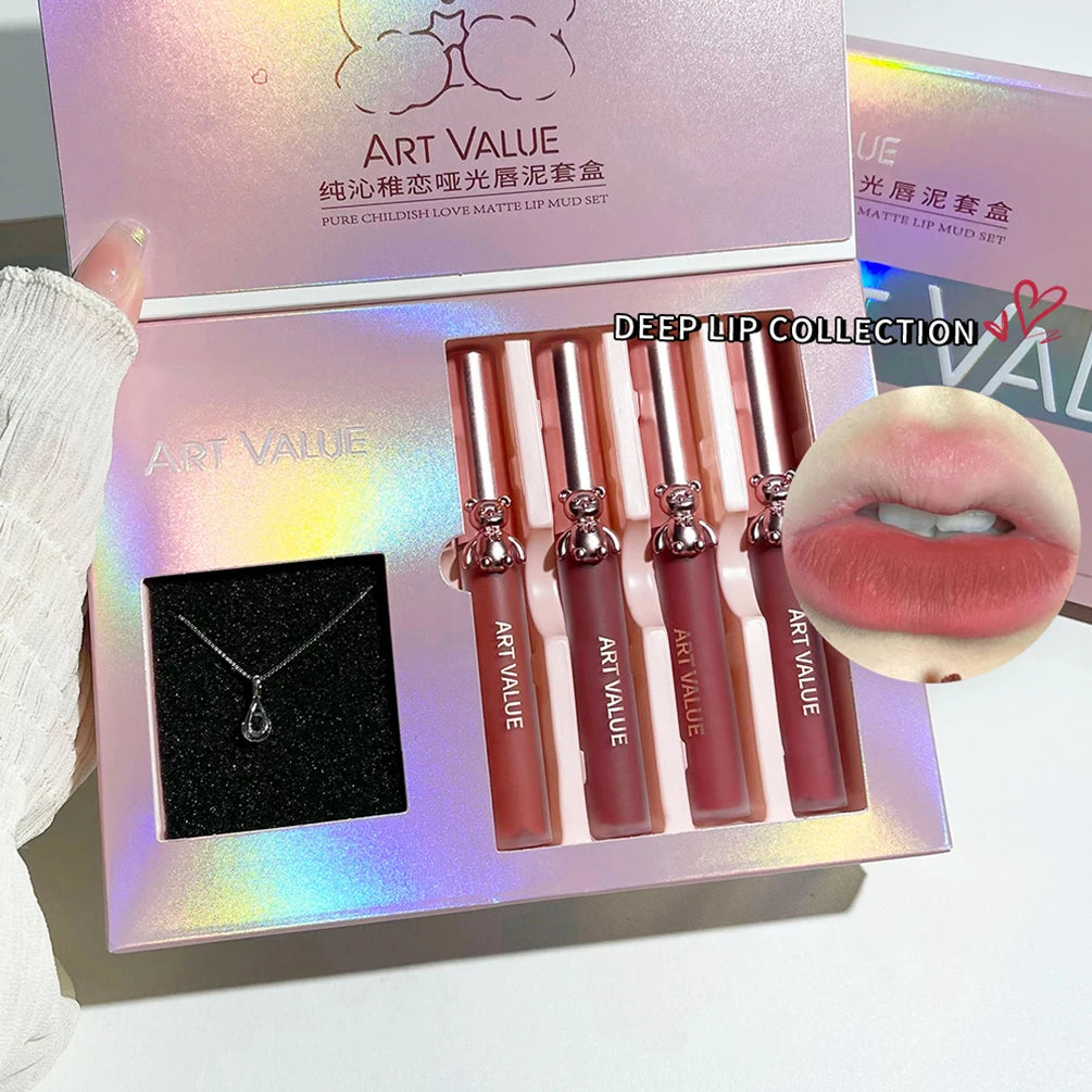 ART VALUE Matte Liquid Lipstick Sets Moisturizing Sexy Red Lipgloss Makeup Mirror Lip Glaze Cosmetics For Women With Necklace Qme