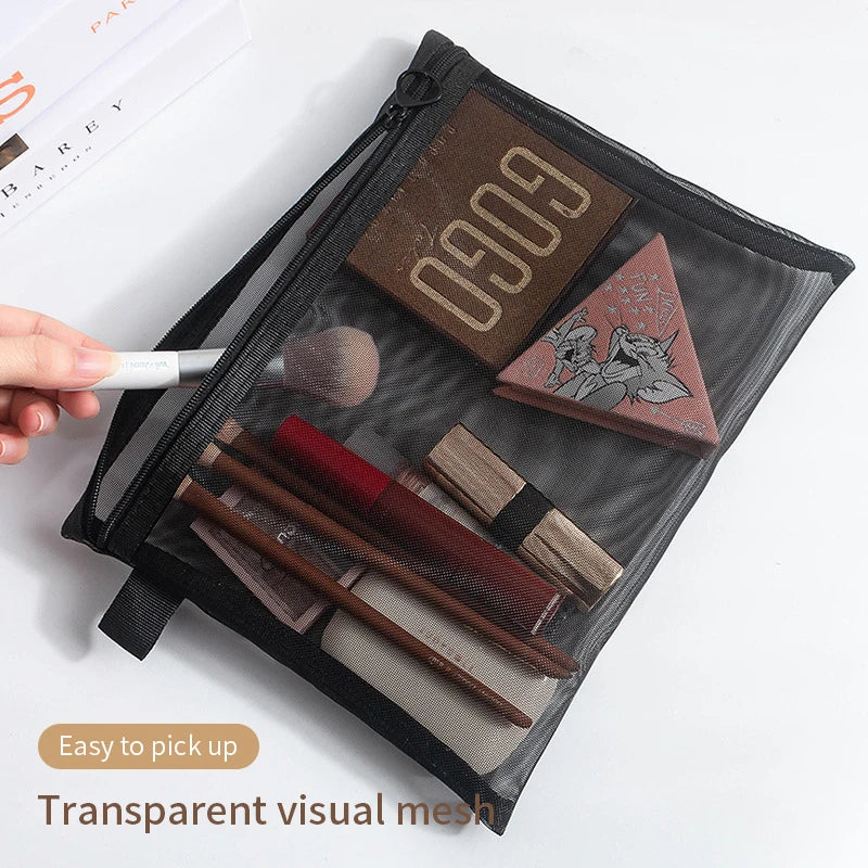 Large Capacity Mesh Cosmetic Bag Casual Pencil Cases Zipper Makeup Qme