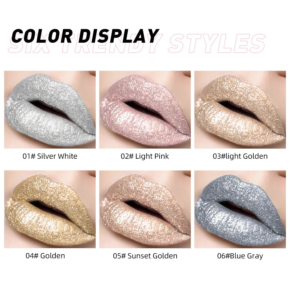 QIBEST Metallic Glitter Liquid Lipstick Makeup Waterproof Lip Gloss Long-lasting Shimmer Metal Diamond Lip Glaze Tint Charming Qme