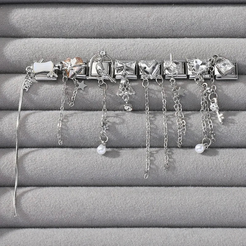 Hot Zircon Love Heart Bird Bowknot Bells Star Pendant Chain Italian Charm Link Fit 9mm Stainless Steel Bracelet Women DIY Making Qme