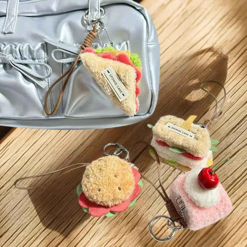 Fun and Creative Food Simulation Plush Keychain; Sandwich, Hamburger, Cake; Cute Stuffed Doll Bag Pendant Gift Qme