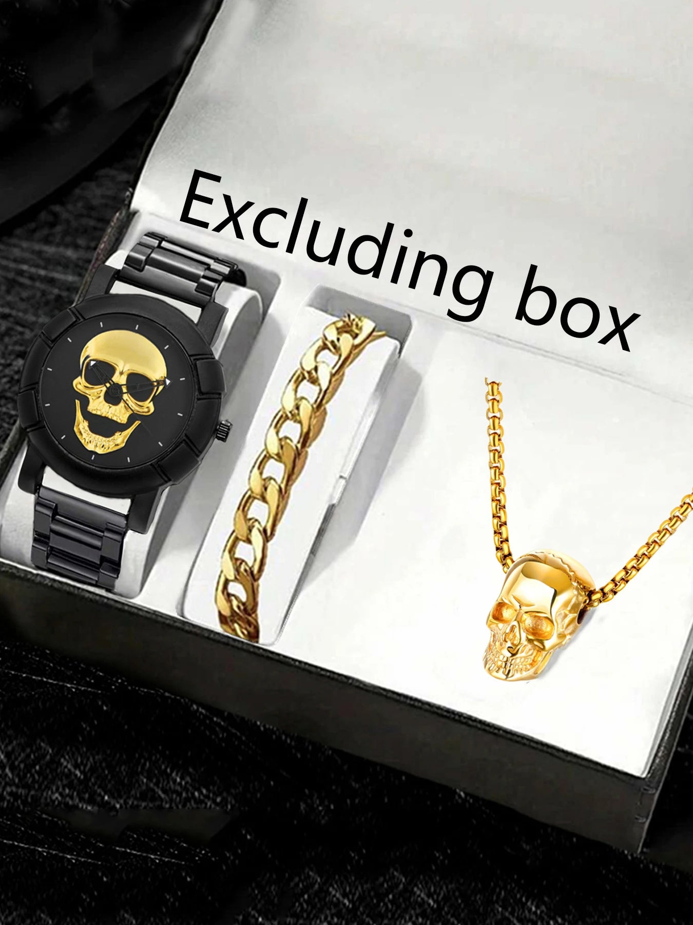 1pcs Fashion Large Dial Cool Skull Trendy Men's Watch Business and 1pcs Bracelet 1pcs Skull Necklace Qme Black Gold Set