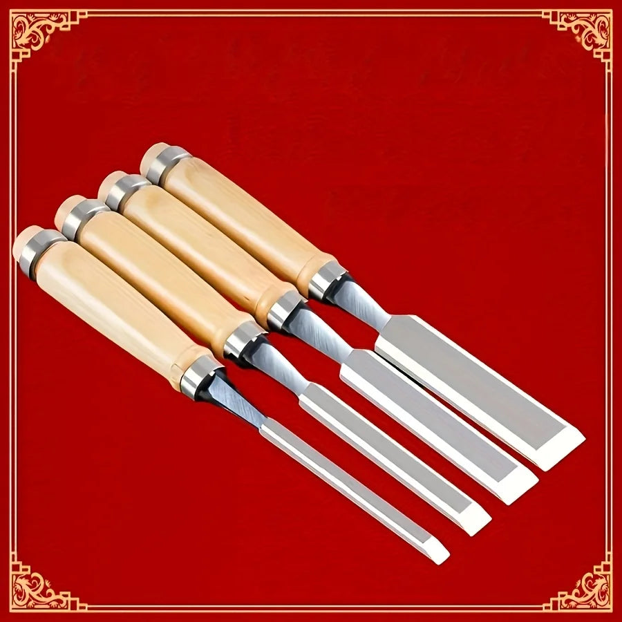 4pcs Professional Woodworking Chisel Set -6/12/18/24mm Diagonal Blade Chisel, Chrome Vanadium Steel Blade, Solid Wood Handle Qme