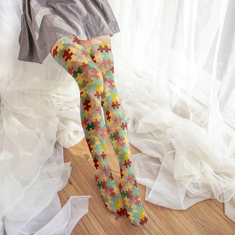 Novelty Puzzle Pattern Stockings Harajuku Sexy Plaid Knee Socks Qme