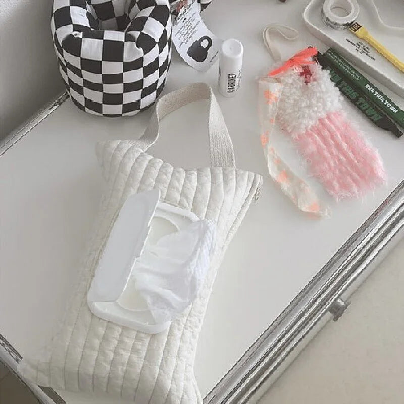 Paper towel box, cute little cart-shaped paper towel bag, portable pull-out flap-style paper towel storage box. Qme White Striped