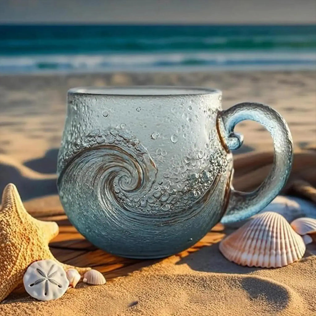 Clear Glass Coffee Mugs Wave Design Water Bottle 300ml Mugs for Coffee with Handle for Kids Beach House Office Women Men Adults Qme
