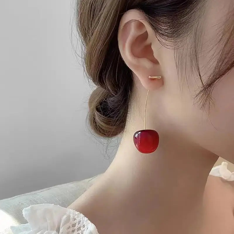 Sweet Fruit Design Red Cherry Drop Earrings Delicate Fashion Women Jewelry for Graduation Gift Daily Outfits Qme