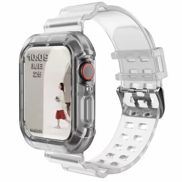 Clear Band + Case for Apple Watch Series 9 8 7 6 SE 5 49mm 45mm 44mm 42mm 41mm Transparent for iwatch 3 38mm 40mm Plastic Strap Qme TRW 49mm