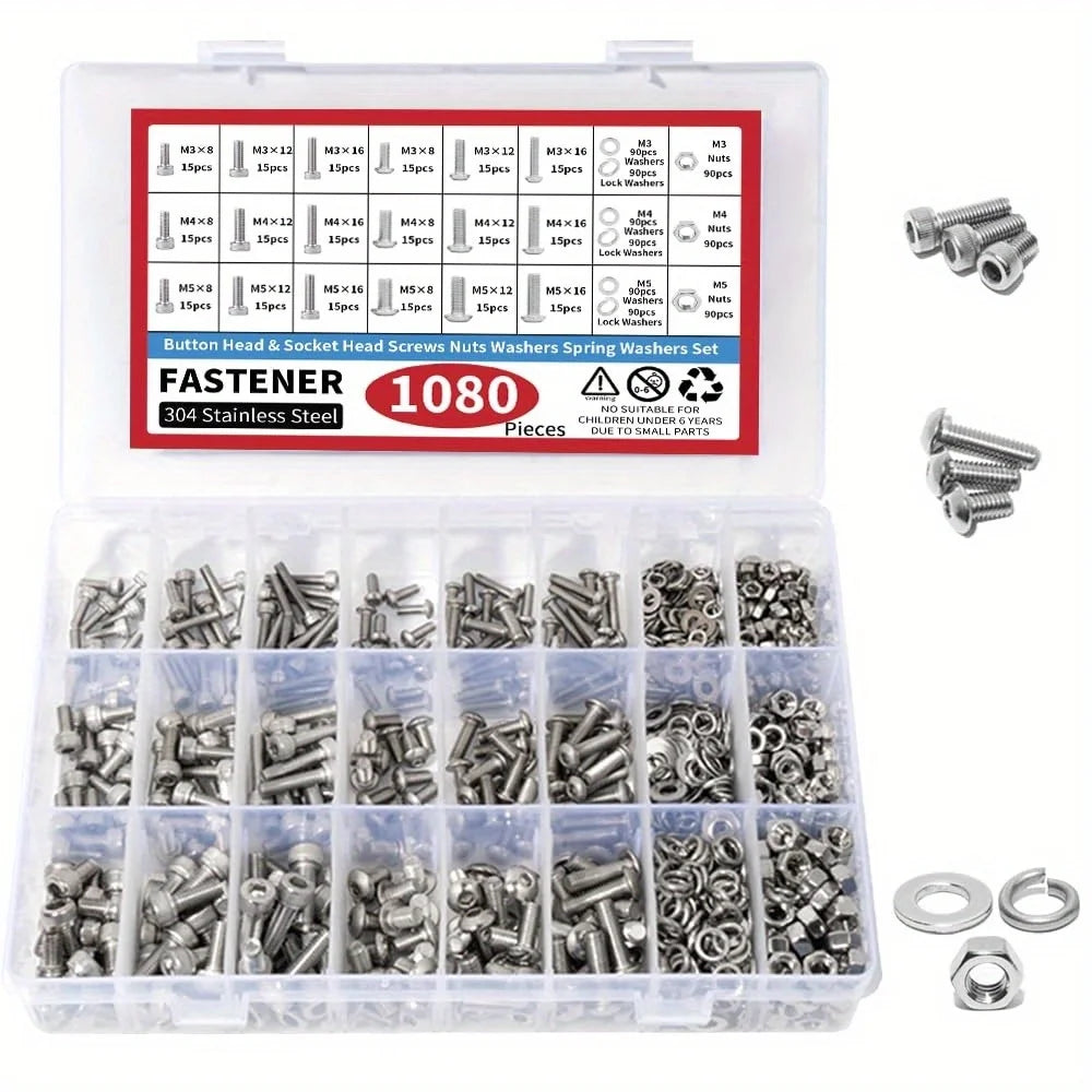 Fastener combination kit, suitable for machine screws of M3, M4, and M5 sizes, including metric screws with round heads Qme 1080pcs box