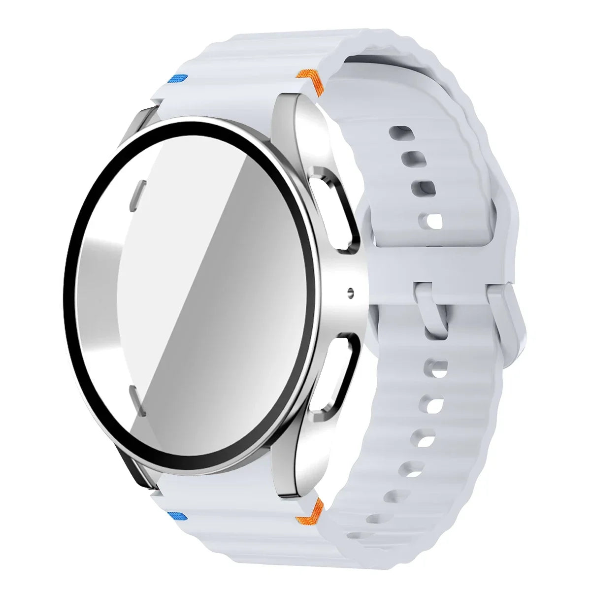 Original Silicone Band +Case for Samsung Watch 7 40mm 44mm Sport Bracelet For Galaxy Watch Strap 6 40mm 44mm Screen Protector Qme LH Silver GalaxyWatch4 5 44mm