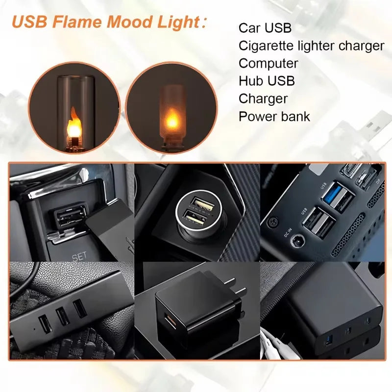 USB Flame Lamp LED Simulated Fire Atmosphere Light 5V Car Interior Qme