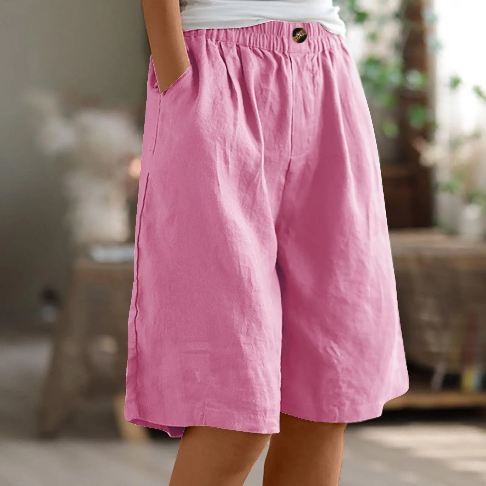 Female Fashion Solid Color Elastic High Waist Pocket Button Up Loose Cotton Linen Five Length Shorts Summer Soft Comfort Pants Qme Pink S