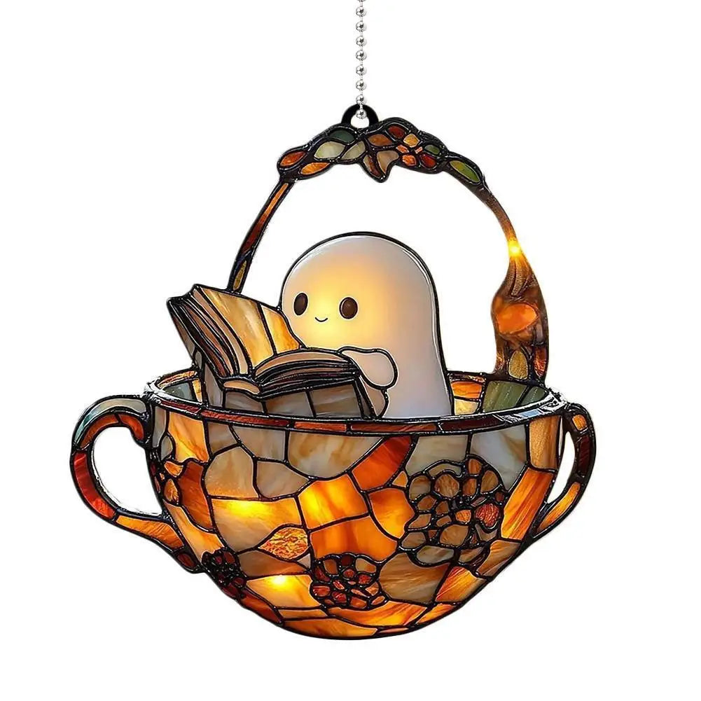 2D Halloween Ghost Reading Book Suncatcher Hanging Decor Acrylic Window Hanging Ornament Colorful Shadow Home Decorations Qme A