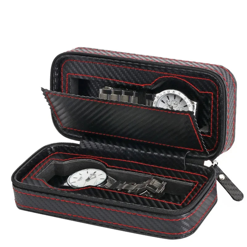 New Travel Dustproof Embedded Watch Box Zipper Portable PU Leather Storage Case Watch Display Box For Trips And Gifts Qme 2 Grids Carbon fiber