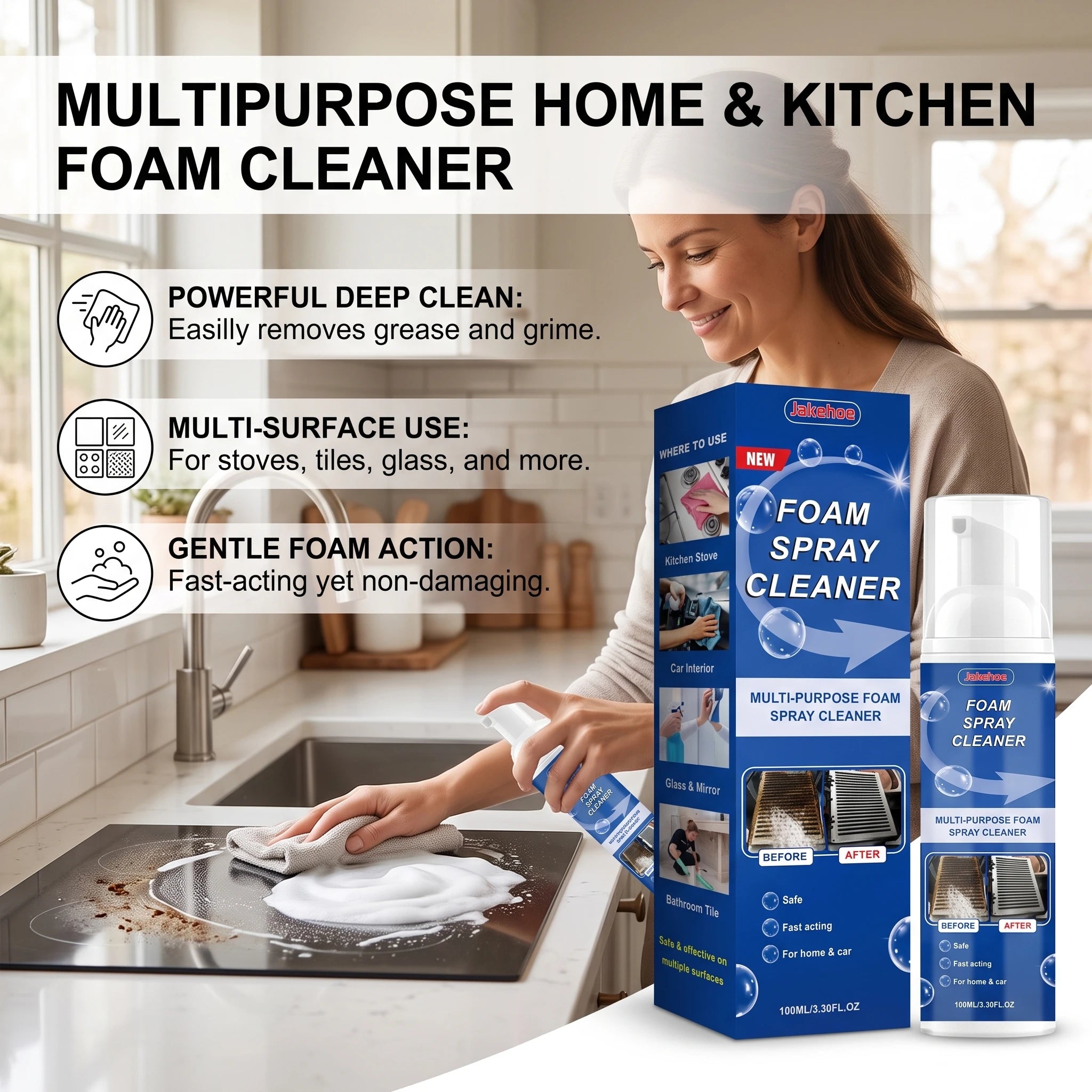 Multi-purpose Foam Cleaning Spray Remove Oil Stains Restore Surface Gloss Descaling Fast Acting No-Rinse Kitchen Foaming Cleaner Qme