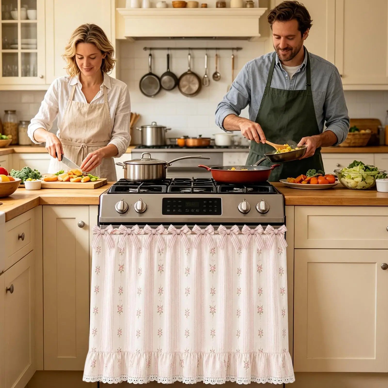 Farmhouse Oven Skirt Farmhouse Lace Ruffle Trim Stove Skirt Stove Curtains With Ties For Cottage Kitchen Cabinet Window Qme