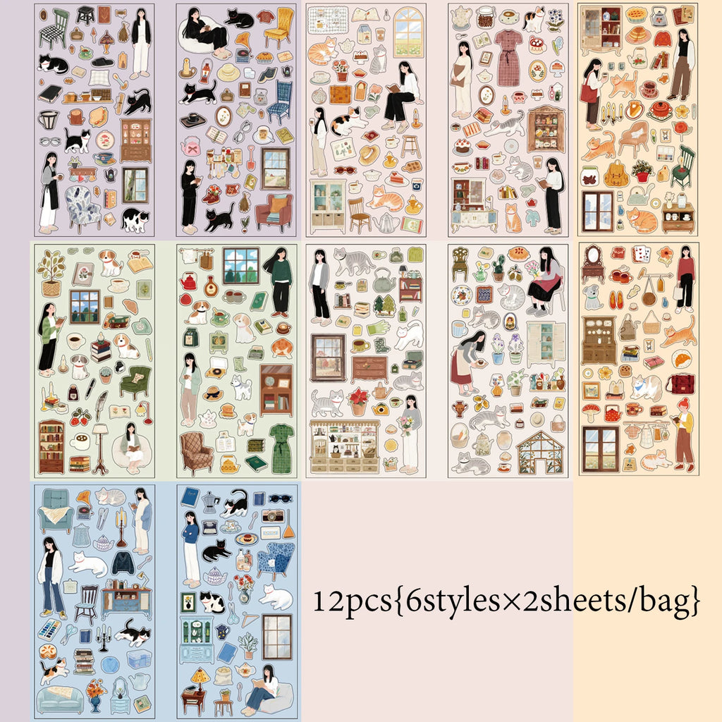 12 Sheets Daily Leisure Theme PET Stickers for DIY Craft Scrapbooking Collage Guitar Phone Case Notebook Decoration Qme A
