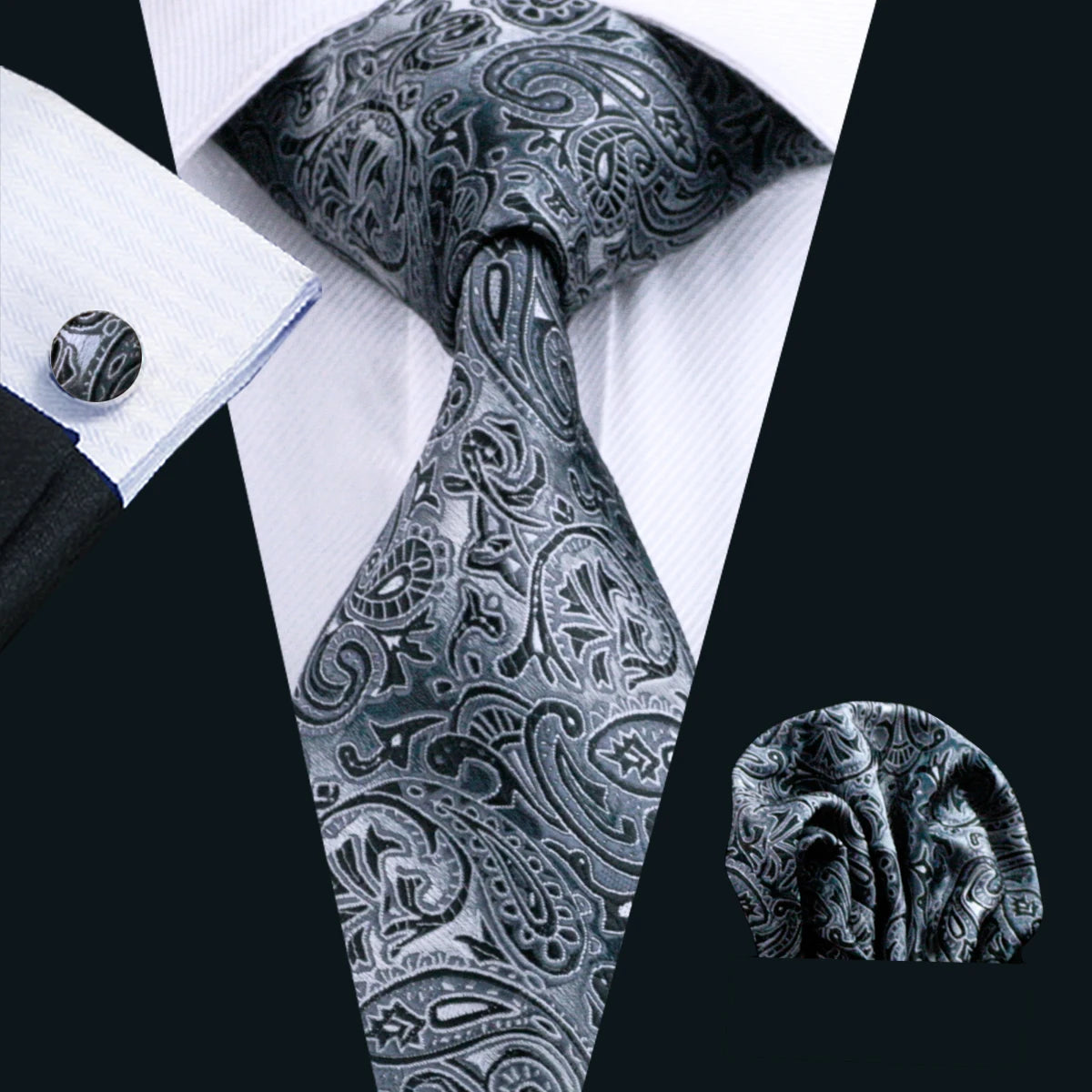 Black Geometric Tie Tie For Men Wedding Tie Party Necktie Handkerchief Cravat Barry.Wang Fashion Designer Tie Set LS-5225 Qme 0209