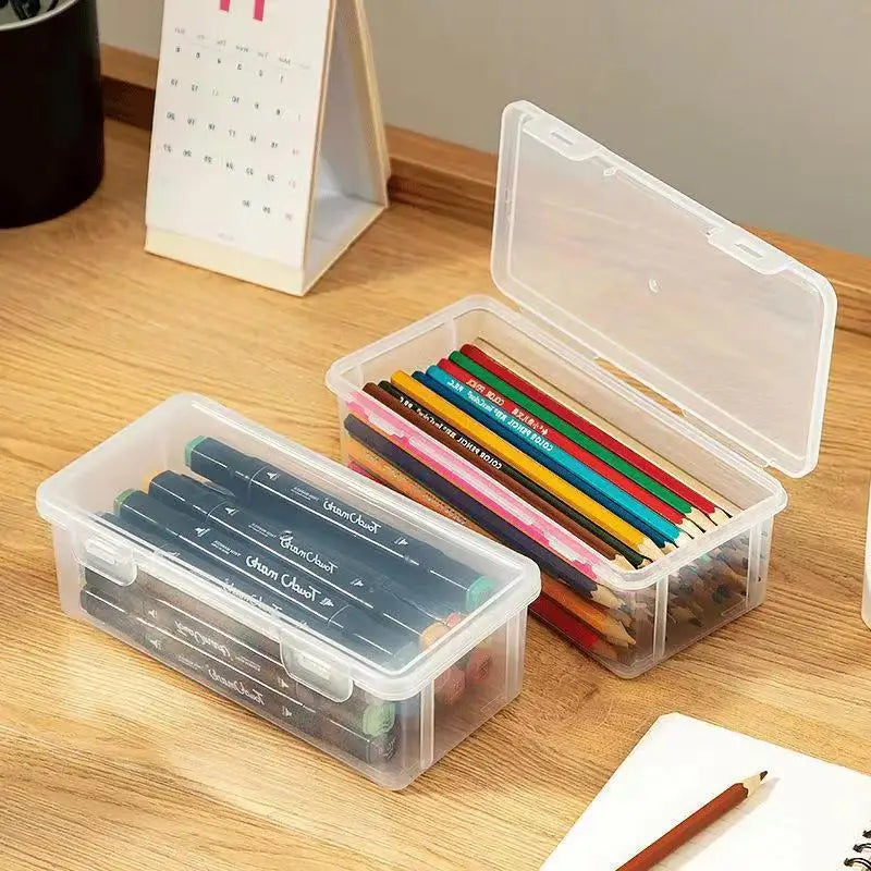 Black Transparent Plastic Storage Box Lid Desk Organizer Pens Pencils Qme