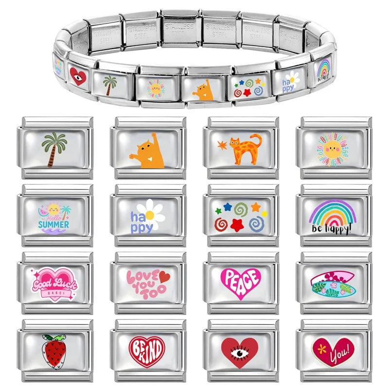 Colorful Rainbow Funny Cats Heart Pattern Flower Sun Italian Charm Links Fit 9mm Stainless Steel Bracelet Women DIY Making Gifts Qme