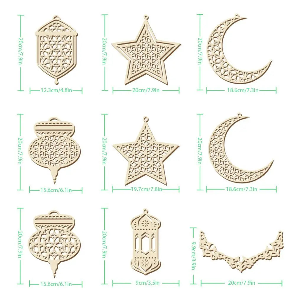 Wooden Moon Star Ramadan Ornaments Eid Mubarak Hanging Pendants DIY Islamic Muslim Festival Party Home Wall Decor Supplies Qme
