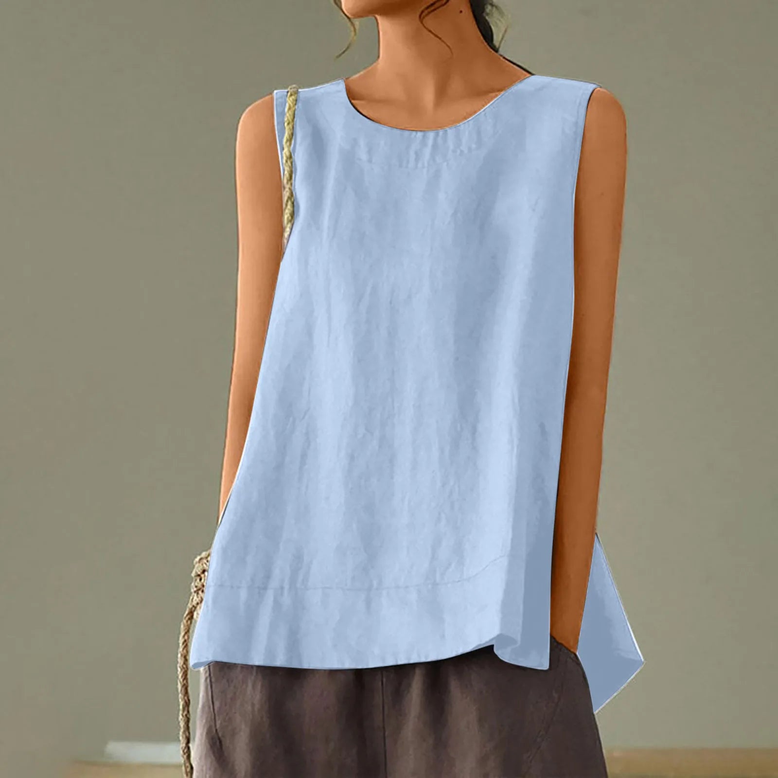 Female Summer Oversized Solid Color Retro Casual Cotton Linen Solid Color Sleeveless Round Neck Soft And Breathable Top Vest Qme Blue L