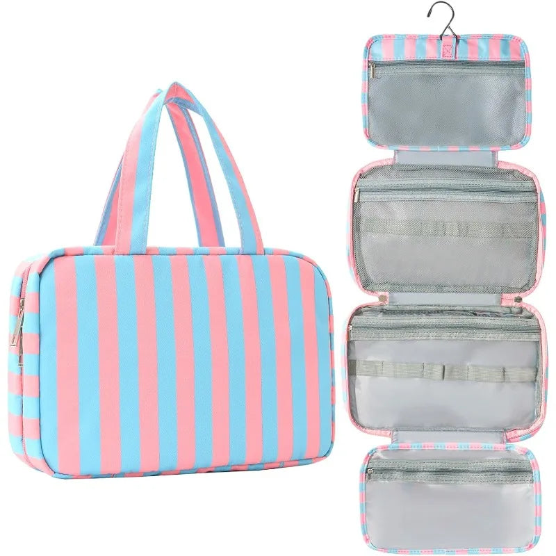 Foldable Hanging Travel Makeup Bag Wet Dry Compartments Striped Multi Qme Blue And Pink