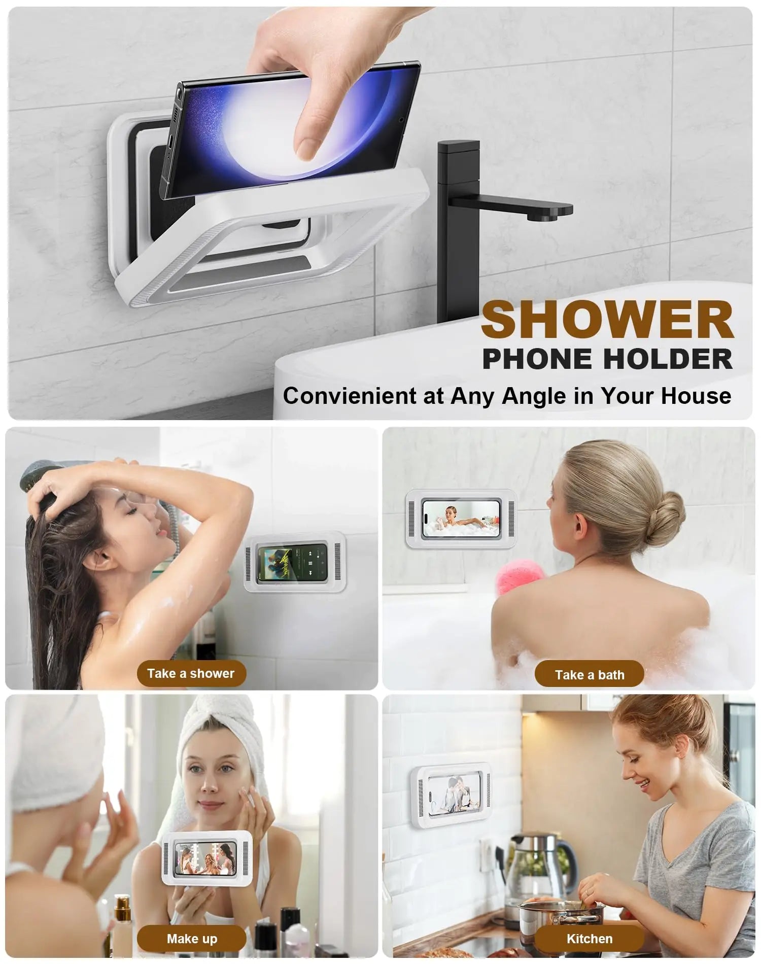 Shower Phone Holder with Speaker 480 Rotation, Wall Phone Mount for Shower Waterproof Anti Fog Shower Case for 4-7" Phones Qme