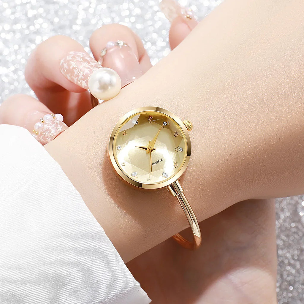 2PCS Elegant Women Quartz Watch Bracelet Set Fashion Pearl Opening-cuff Bangle Girls Wristwatches Qme