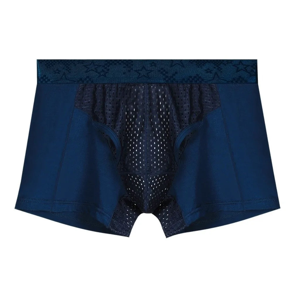Quick-drying Men's Mesh Boxer Briefs Split Design Four-way Stretch Qme Dark Blue 1XL