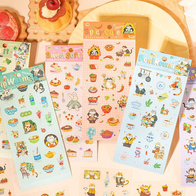 Vibrant Food & Cat Series Sticker Pack, Decor Stickers for Notebooks, Junk Journals, Water Bottles, Storage Boxes & Phone Cases Qme