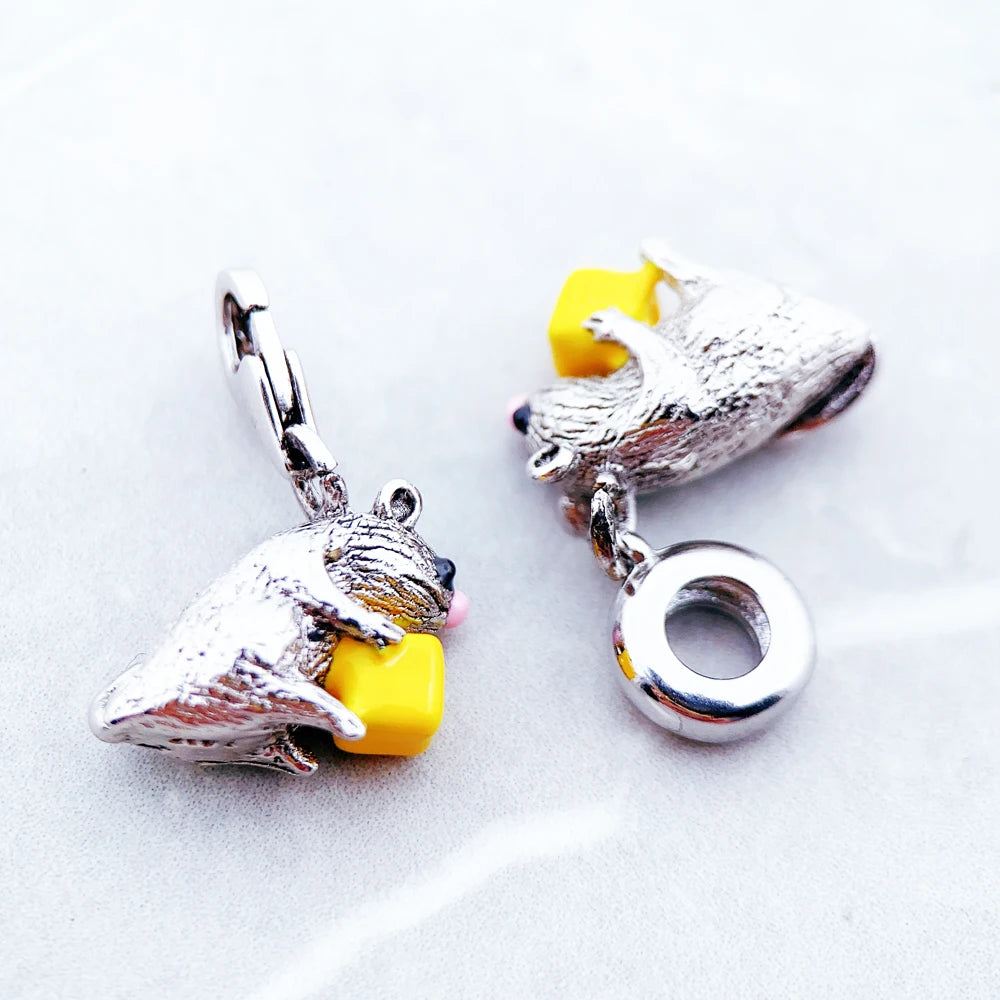 Mouse & Cheese Charms Pendant Fit Europe Bracelet, European Style 925 Sterling Silver Cute Fashion Jewelry Club for Women & Men Qme