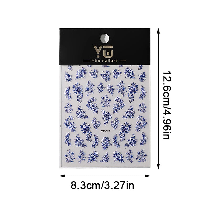 Blue White Porcelain-style 3D Nail Art Stickers Self-adhesive Qme