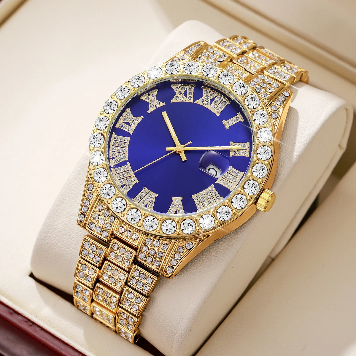 Men's Steel Band Quartz Watch Hip-Hop Business Steel Band Calendar Full Diamond Men's Watch Qme Gold Blue No Box