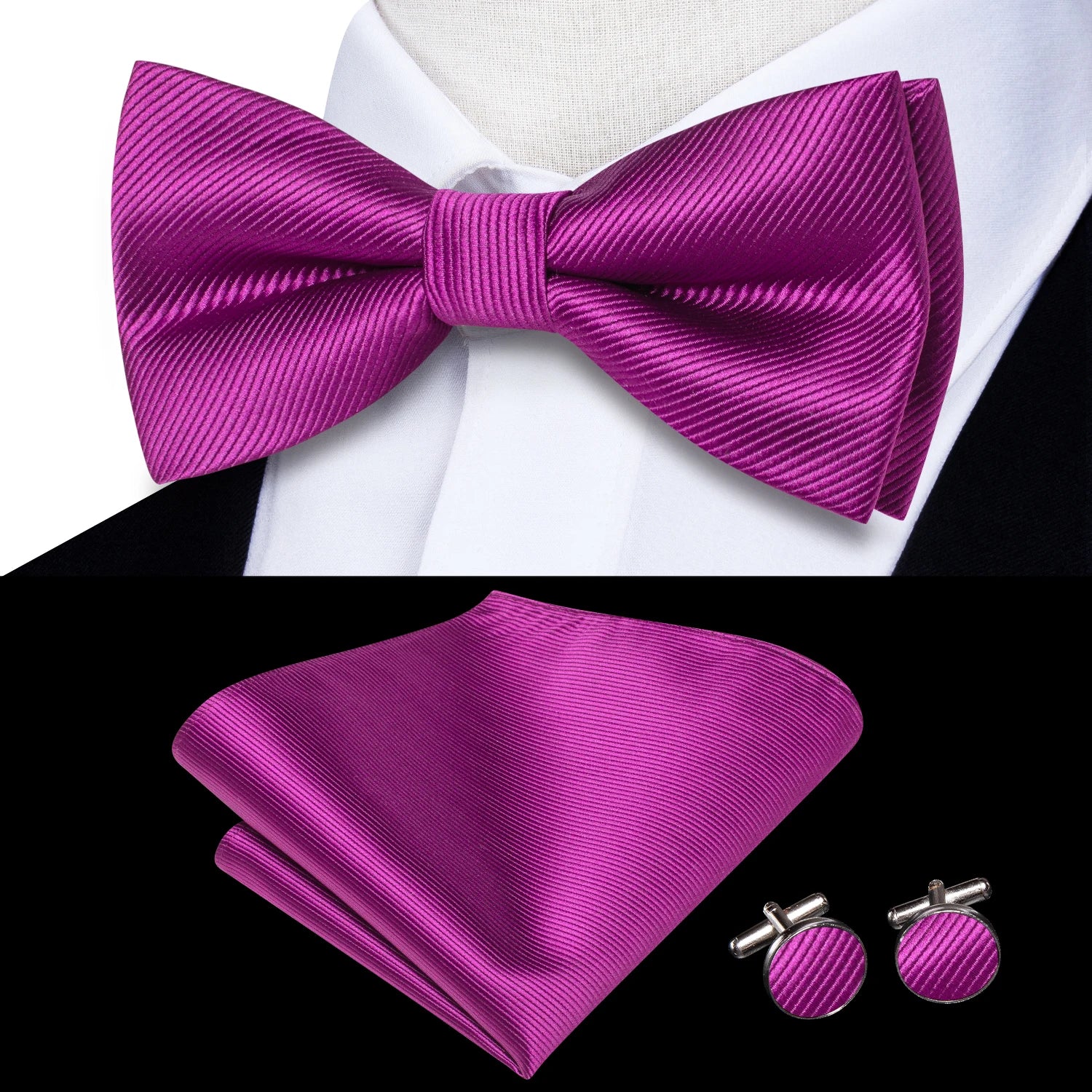 Hi-Tie Men's Bow Tie Handkerchief Cufflinks Set Monochrome Solid Stripe Pre-Tied Wedding Business Qme
