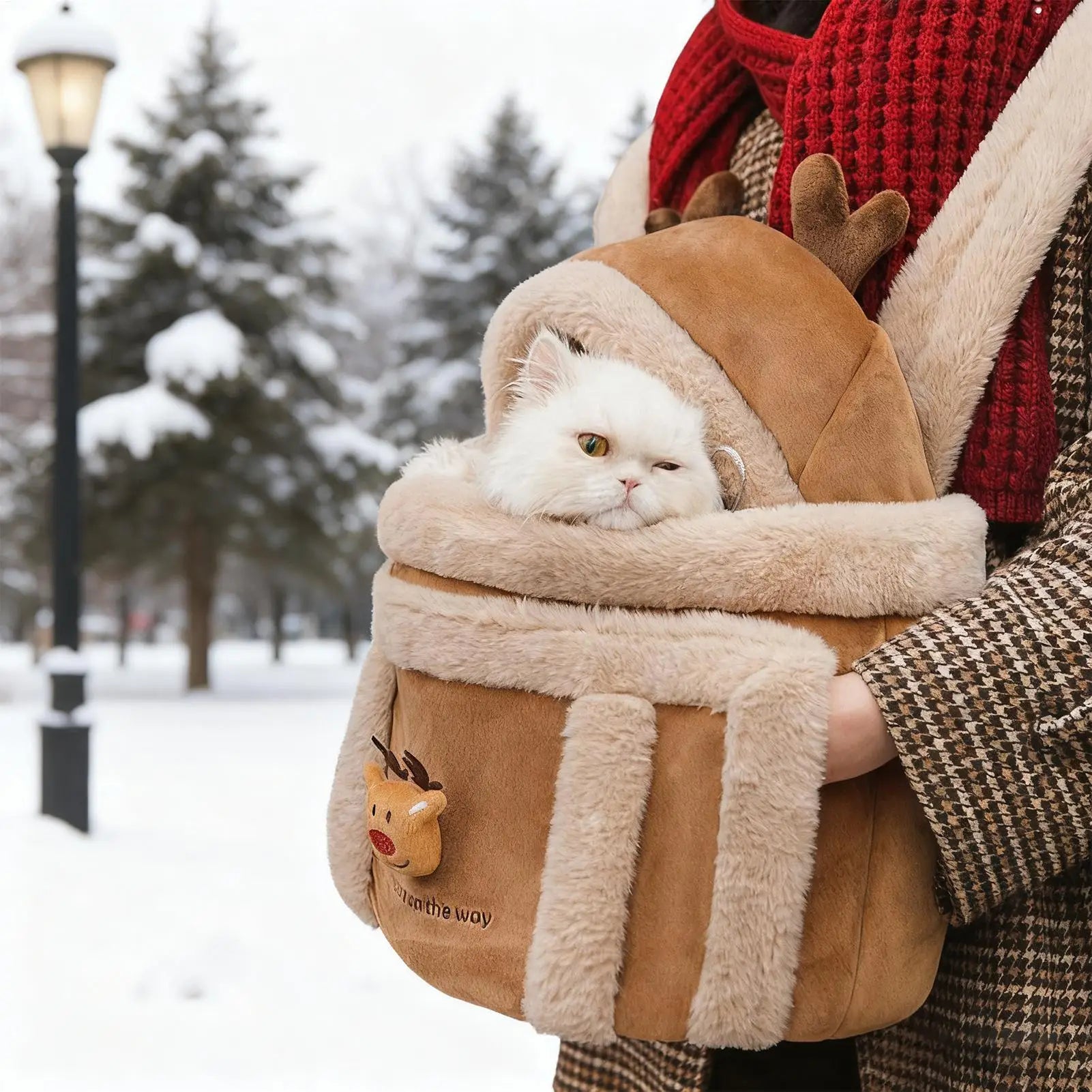 Cat Carrying Bag Pet Plush Elk Shape Backpack Winter Puppy Outgoing Backpack For Travel Hiking Outdoor Camping Indoor Qme